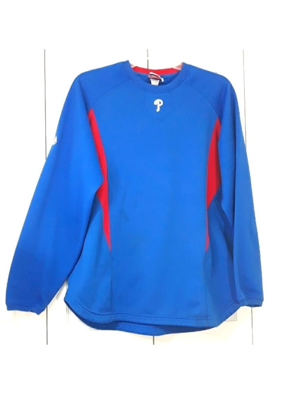 Authentic Magestic MLB Philad Phillies Blue Red Pullover Sweatshirt Therma Base